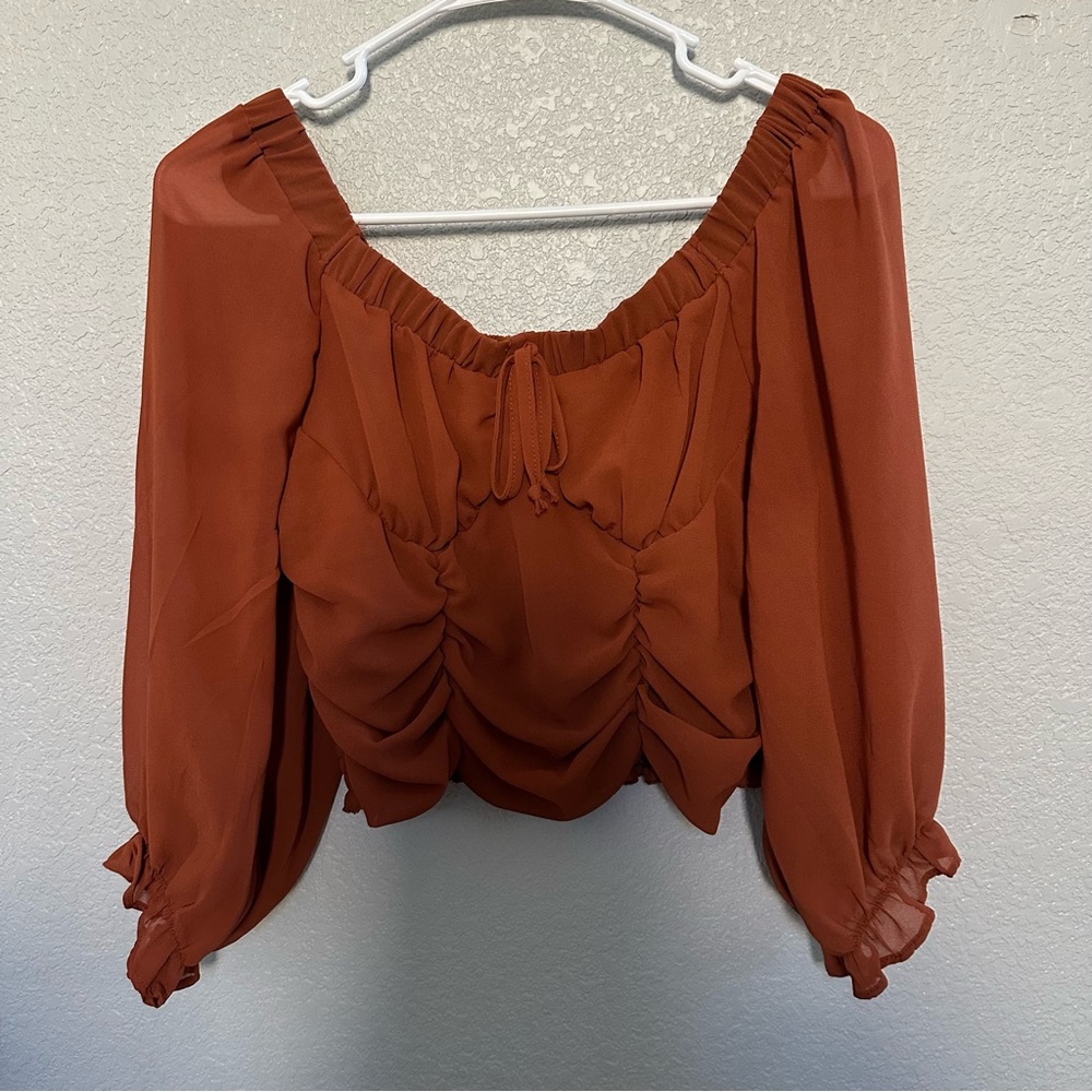 Rust-Colored Off-the-Shoulder Blouse with Ruched Front